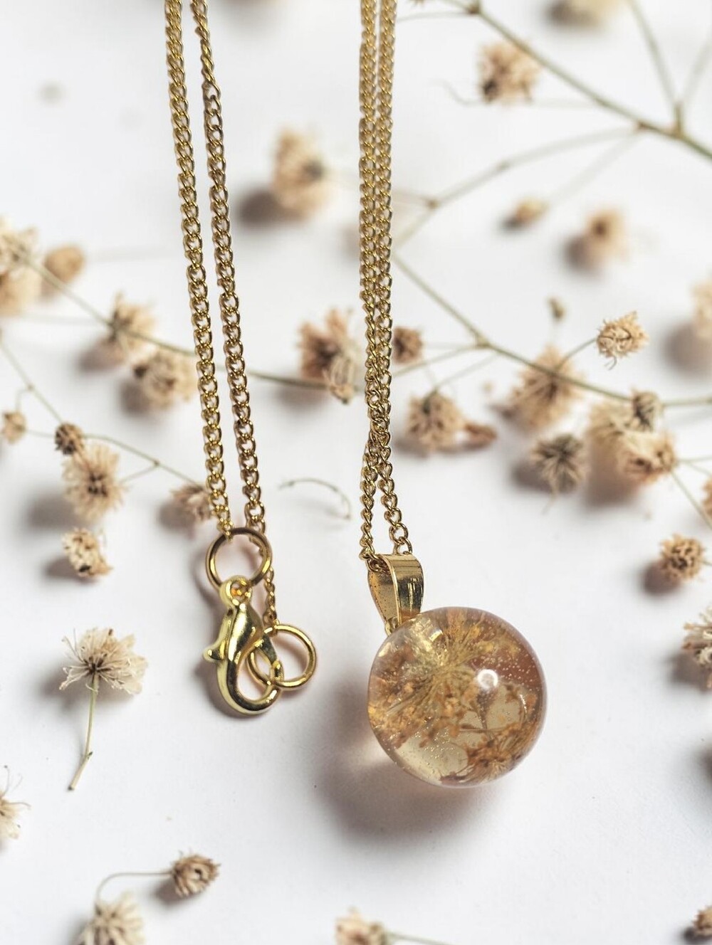 Gold-Tone Amber Resin Orb Pendant Necklace - Handmade